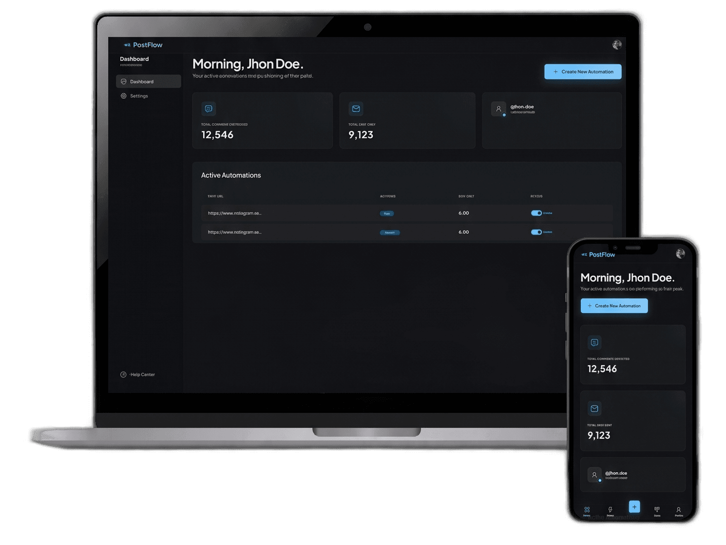 PostFlow dashboard on desktop and mobile
